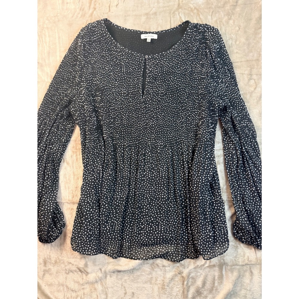 Y2K Max Studio Black White Polka Dot Pleated Long Sleeve Too  L Scandi